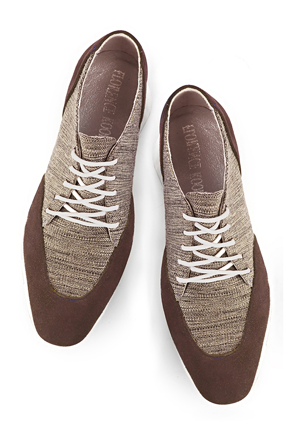 Chocolate brown and tan beige women's casual lace-up shoes. Square toe. Low rubber soles. Top view - Florence KOOIJMAN